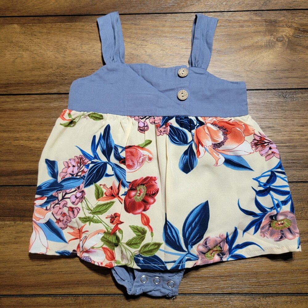 Pat Pat Sleeveless Dress Snap Bottom Blue w/ Big Flowers - Size 12-18 Mo